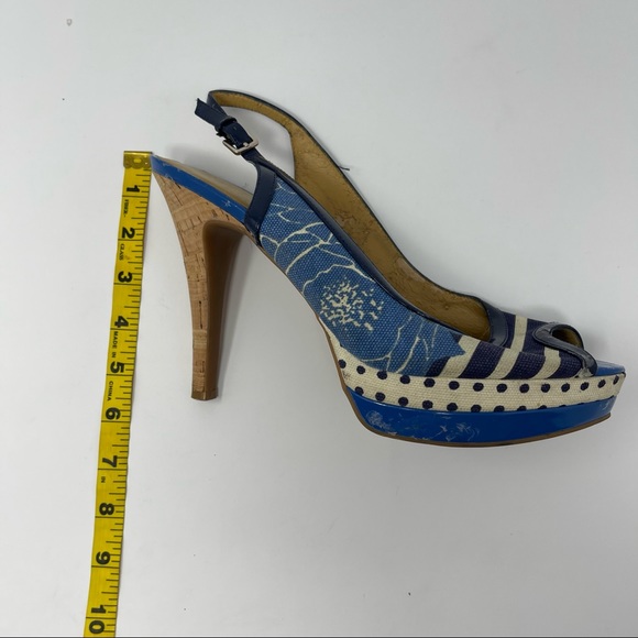 Nine West Blue Patterned Cork Heel Slingback Peep Toe Pumps Size 10 - Picture 6 of 8